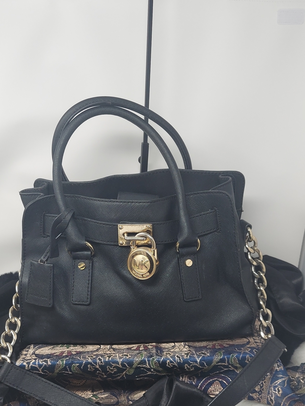 Michael Kors Hamilton Black Leather Satchel with Signature Gold-Tone Lock